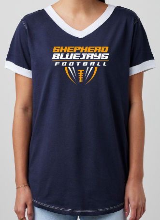 Shepherd Football Gear - 2026 -  Ladies Tee - Enza Ladies V-Neck Ringer Tee - 4.5oz