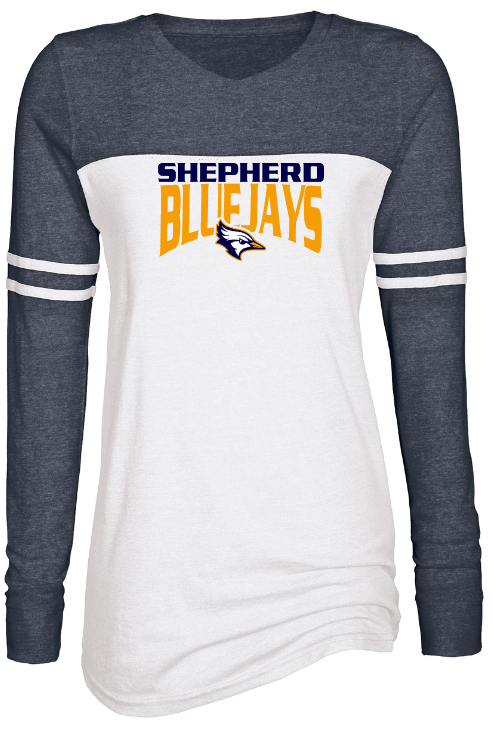 Shepherd Football Spirit Gear - 2023 - Ladies Long Sleeve Tee - Enza Ladies Triblend Varsity Long Sleeve Tee - 4oz - white body