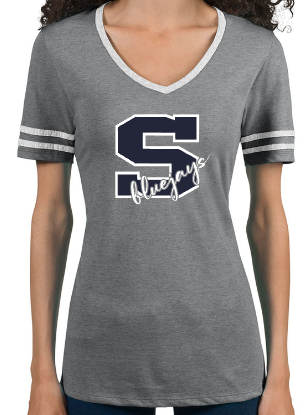 Shepherd Football Spirit Gear - 2022 - Ladies Varsity V-Neck T-Shirt - Jerzees Tri-Blend Ladies Varsity Ringer V-Neck T-Shirt - 4.5 oz