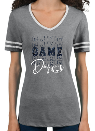 Shepherd Football Spirit Gear - 2022 - Ladies Varsity V-Neck T-Shirt - Jerzees Tri-Blend Ladies Varsity Ringer V-Neck T-Shirt - 4.5 oz