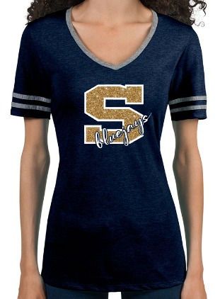Shepherd Football Spirit Gear - 2022 - Ladies Varsity V-Neck T-Shirt - Jerzees Tri-Blend Ladies Varsity Ringer V-Neck T-Shirt - 4.5 oz
