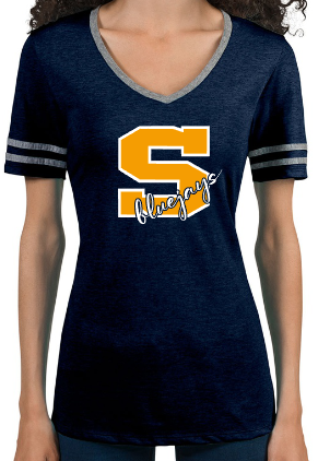 Shepherd Football Spirit Gear - 2022 - Ladies Varsity V-Neck T-Shirt - Jerzees Tri-Blend Ladies Varsity Ringer V-Neck T-Shirt - 4.5 oz
