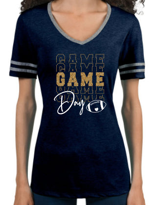 Shepherd Football Spirit Gear - 2022 - Ladies Varsity V-Neck T-Shirt - Jerzees Tri-Blend Ladies Varsity Ringer V-Neck T-Shirt - 4.5 oz