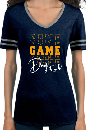 Shepherd Football Spirit Gear - 2022 - Ladies Varsity V-Neck T-Shirt - Jerzees Tri-Blend Ladies Varsity Ringer V-Neck T-Shirt - 4.5 oz